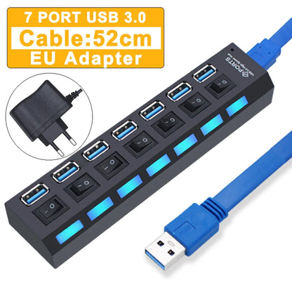 BackupMyFilesNow 7-port USB 3.0 hub with power adapter, 2.0 and 3.0 ports, multi-USB splitter for PC accessories.