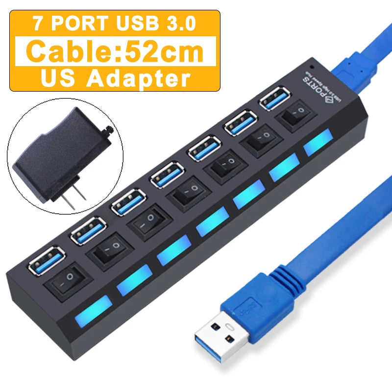BackupMyFilesNow USB 3.0 and 2.0 multi-port USB hub with 4 or 7 ports, power adapter, and switch for PC accessories.