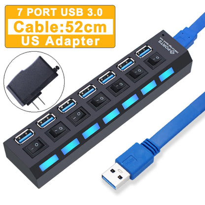 BackupMyFilesNow USB 3.0 and 2.0 multi-port USB hub with 4 or 7 ports, power adapter, and switch for PC accessories.