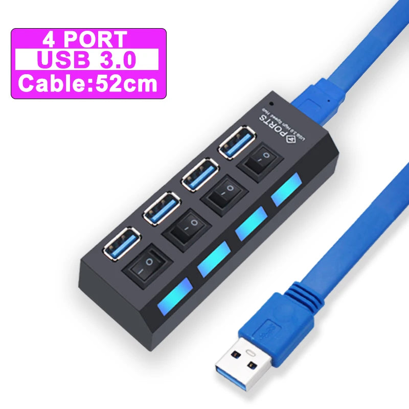BackupMyFilesNow USB 3.0 and 2.0 multi-port hub with 4 and 7 ports, power adapter, and switch for PC accessories.