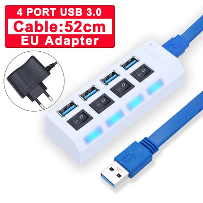 BackupMyFilesNow 7-port USB 3.0 hub with power adapter, multi USB splitter, and switch for PC accessories and data transfer.