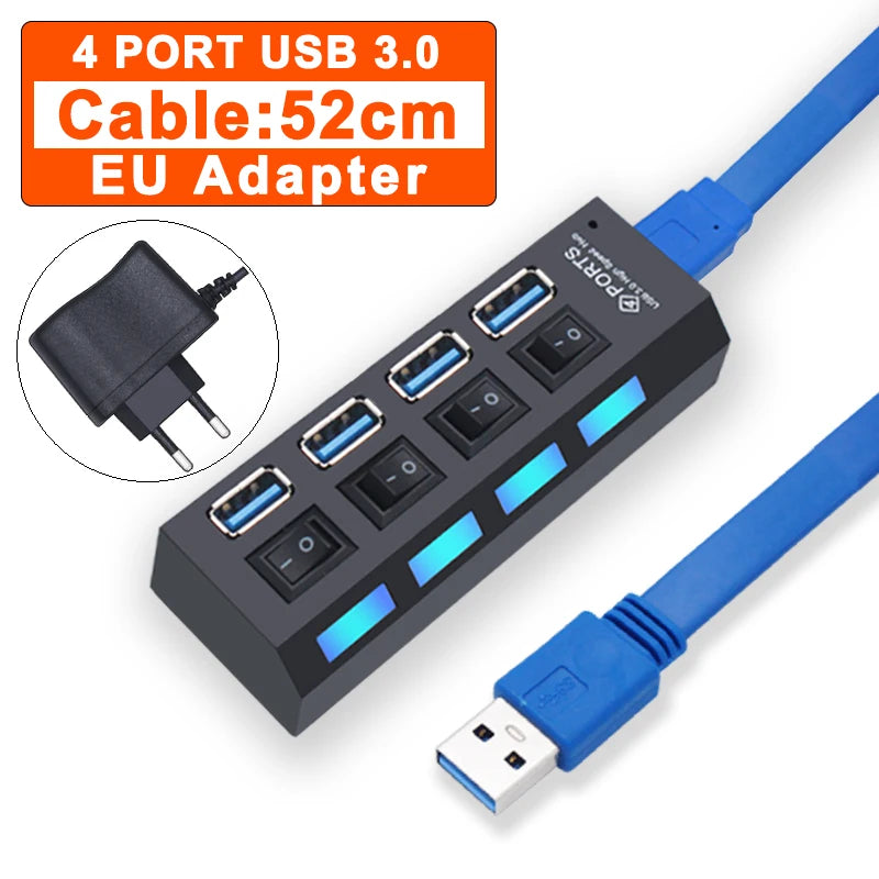 BackupMyFilesNow 7-port USB 3.0 hub with power adapter, multi-port splitter, and switch for PC accessories and device expansion.