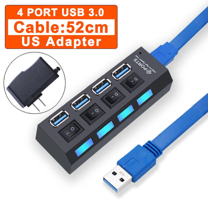 BackupMyFilesNow 7-port USB 3.0 hub with power adapter, 2.0 and 3.0 ports, multi-USB splitter with switch for PC accessories.