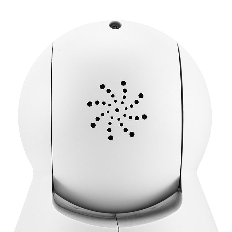 Wireless indoor security camera with smart WiFi, compact design, mounted on a wall for home surveillance.