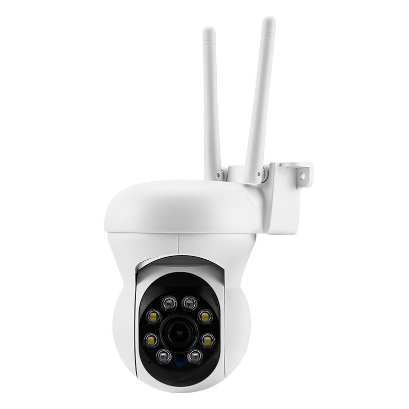 Wireless indoor security camera with smart WiFi from BackupMyFilesNow.com, showing camera lens and mounting bracket.
