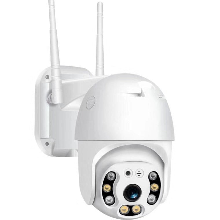 A6 Wireless Outdoor Security Camera by BackupMyFilesNow.com showing the camera mounted outdoors with power supply and WiFi connection.
