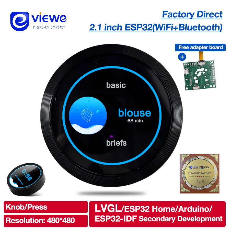ESP32 S3 development board with 2.1-inch circular IPS LCD display, WiFi, Bluetooth, and push knob for smart home projects.