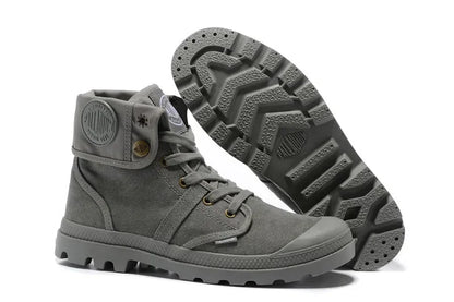 Palladium Pallabrouse casual sneakers for men and women, ankle-high canvas shoes in neutral tones, available in various sizes.