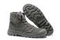 Palladium Pallabrouse casual sneakers for men and women, ankle-high canvas shoes in neutral tones, available in various sizes.