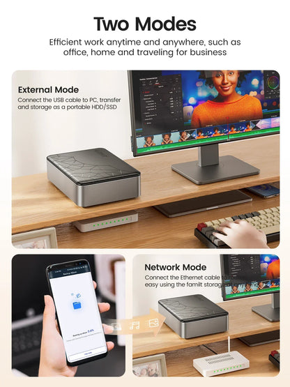 Orico 2.5-inch NAS hard drive enclosure with automatic backup and remote access, featuring external enclosure and network connectivity.