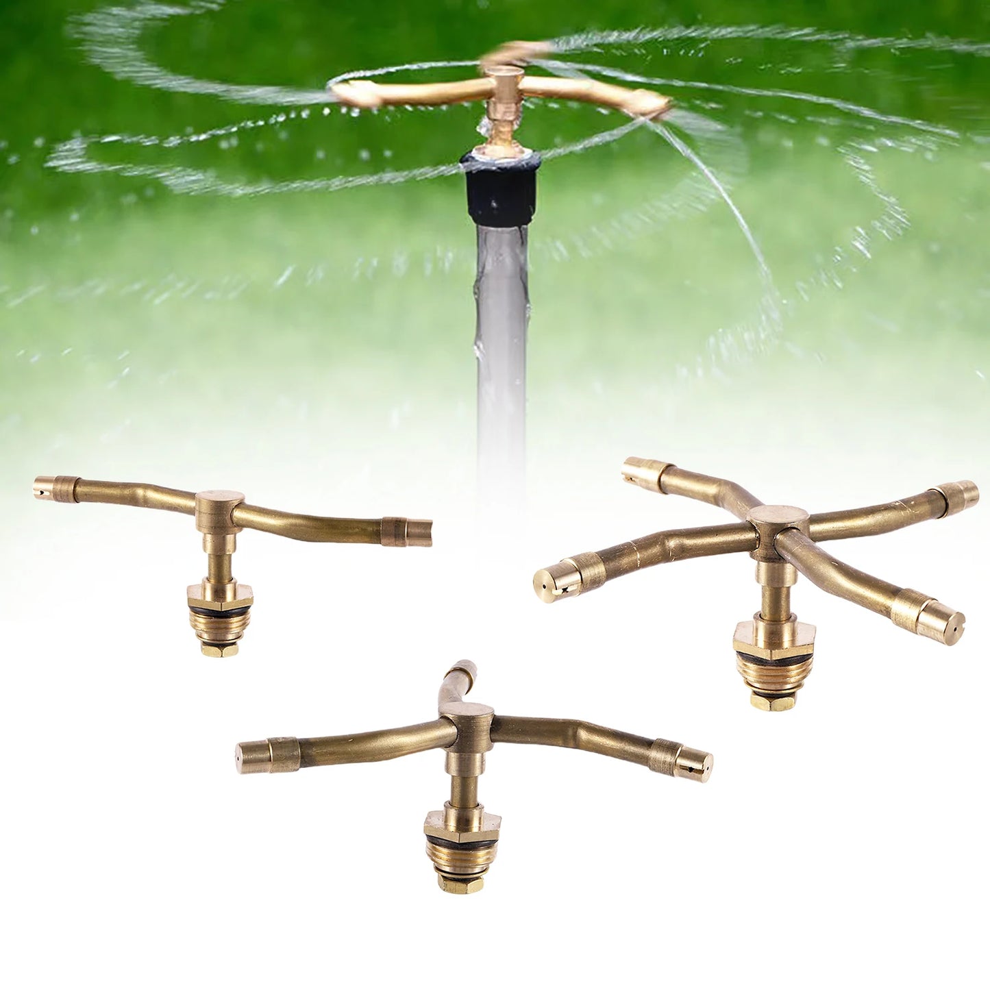 Rotating brass lawn sprinkler with 2, 3, or 4 arms, 360-degree automatic water coverage for garden, flower beds, and agriculture.