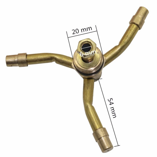Brass rotating lawn sprinkler with 2/3/4 arms, 360° coverage, automatic 3-prong design for garden watering and horticulture.
