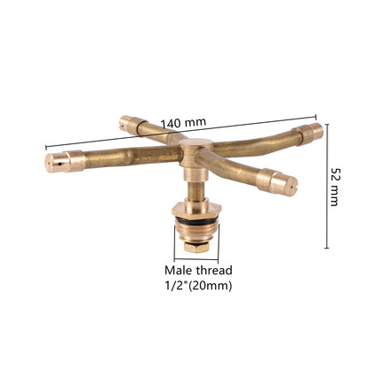 Brass 2/3/4 arm rotating lawn sprinkler with 360° automatic spray for garden, flower beds, and agriculture irrigation.