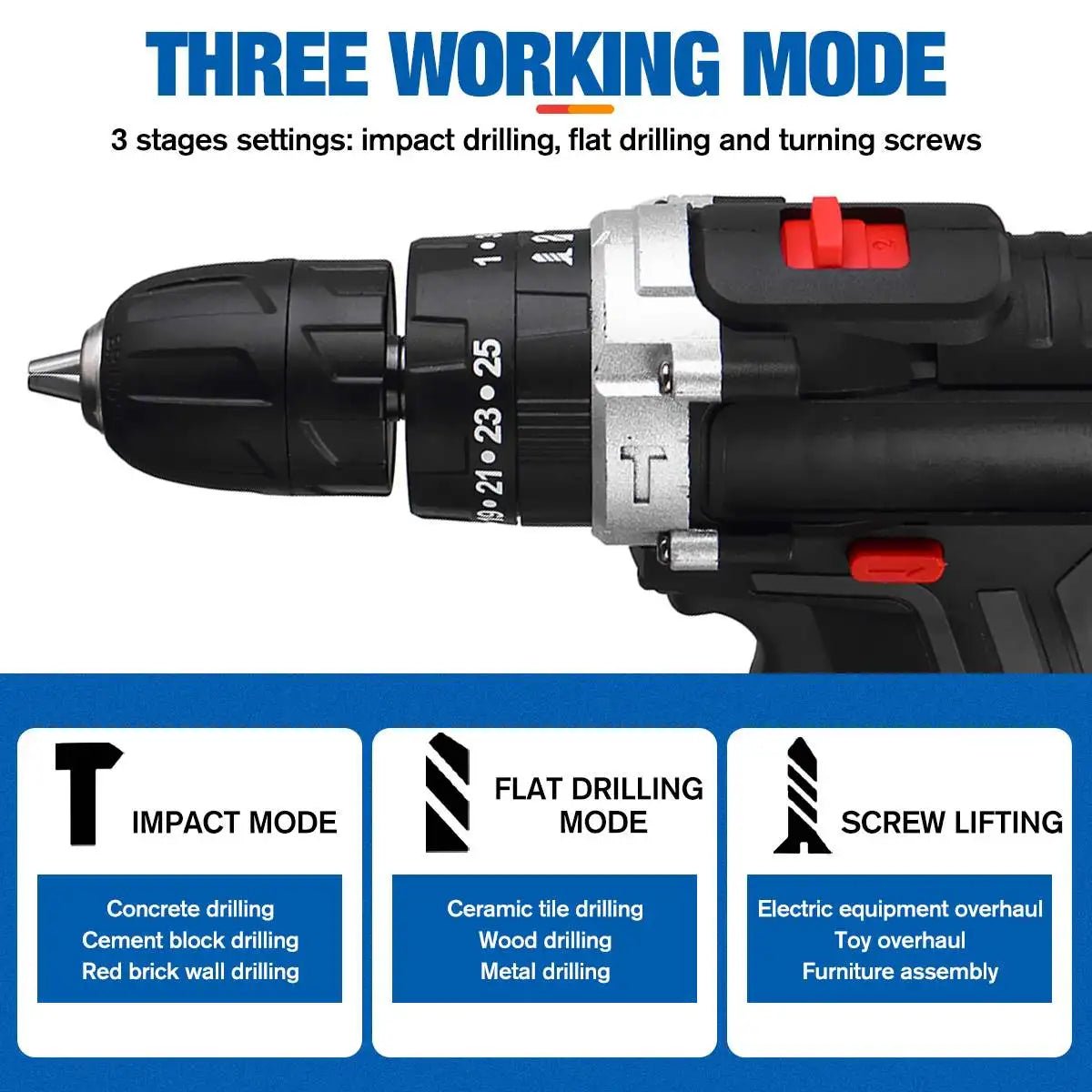 21V cordless impact drill and screwdriver with lithium-ion battery, compact wireless design, and plastic storage box.