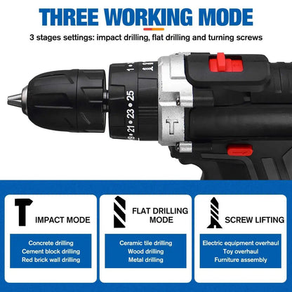 21V cordless impact drill and screwdriver with lithium-ion battery, compact wireless design, and plastic storage box.