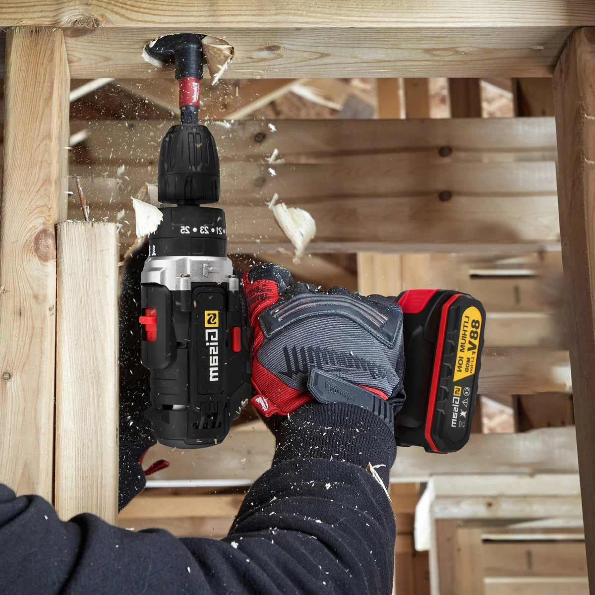 21V cordless impact drill and electric screwdriver with lithium-ion battery, compact wireless hand drill, and plastic storage box.
