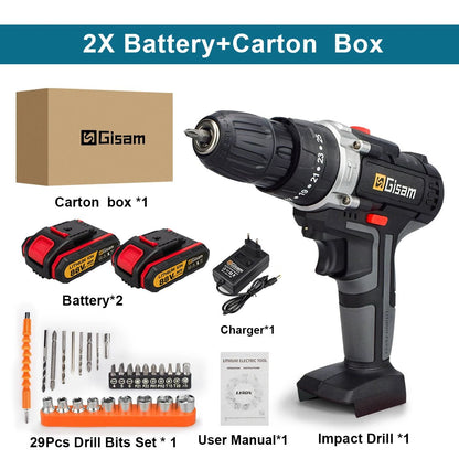 21V cordless impact drill by BackupMyFilesNow.com with lithium-ion battery, plastic storage box, and compact design for power tools.