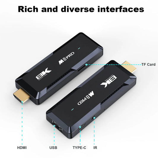 2025 M8 Pro Android 13 Smart TV Box with black finish, Allwinner H616 quad-core processor, 4K support, dual-band WiFi, 2GB RAM, 16GB ROM