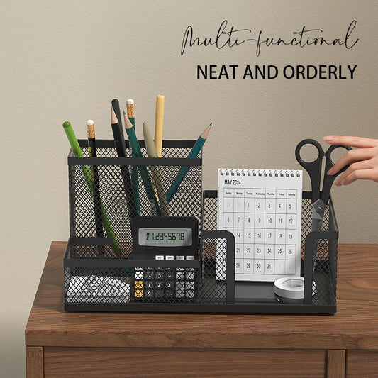 Black mesh desk organizer with three compartments, pencil holder, and storage baskets for office supplies and desktop accessories.