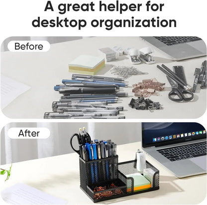 Black mesh desk organizer with three compartments, pencil holder, and storage baskets for office supplies and desktop accessories.