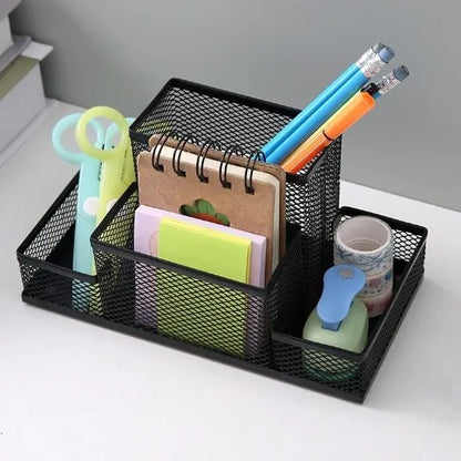 Black mesh desk organizer with three compartments, pencil holder, and storage baskets for office supplies and desktop accessories.