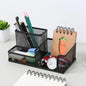 Black Mesh Desk Organizer with 3 compartments, pencil holder, and storage baskets for office desktop accessories.
