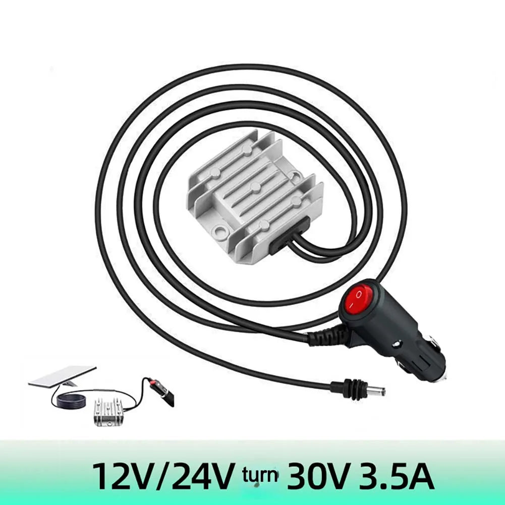 BackupMyFilesNow 12V/24V to 30V car step-up converter for Starlink, showing the compact boost power adapter with cables.