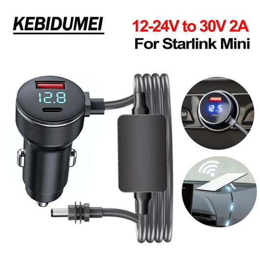 Waterproof Starlink Mini Power Adapter by BACKUPMYFILESNOW.COM, 12V-24V to 30V 2A step-up converter with digital voltmeter and Type C port
