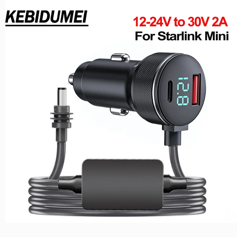 Waterproof Starlink Mini Power Adapter by BACKUPMYFILESNOW.COM, 12V-24V to 30V 2A step-up converter with digital voltmeter and Type C port.