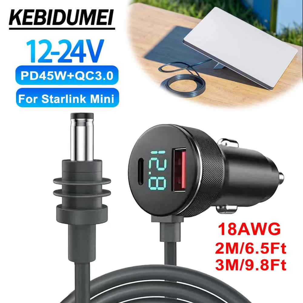 BackupMyFilesNow® 2M/3M 18AWG DC power cable for Starlink Mini, waterproof with voltmeter and dual charger outlet, 12V-24V.