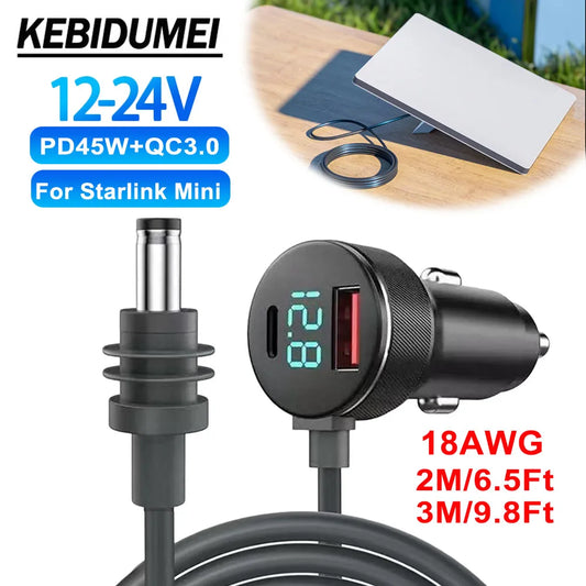 BackupMyFilesNow® 2M/3M 18AWG DC power cable for Starlink Mini, waterproof with voltmeter and dual charger outlet, 12V-24V.