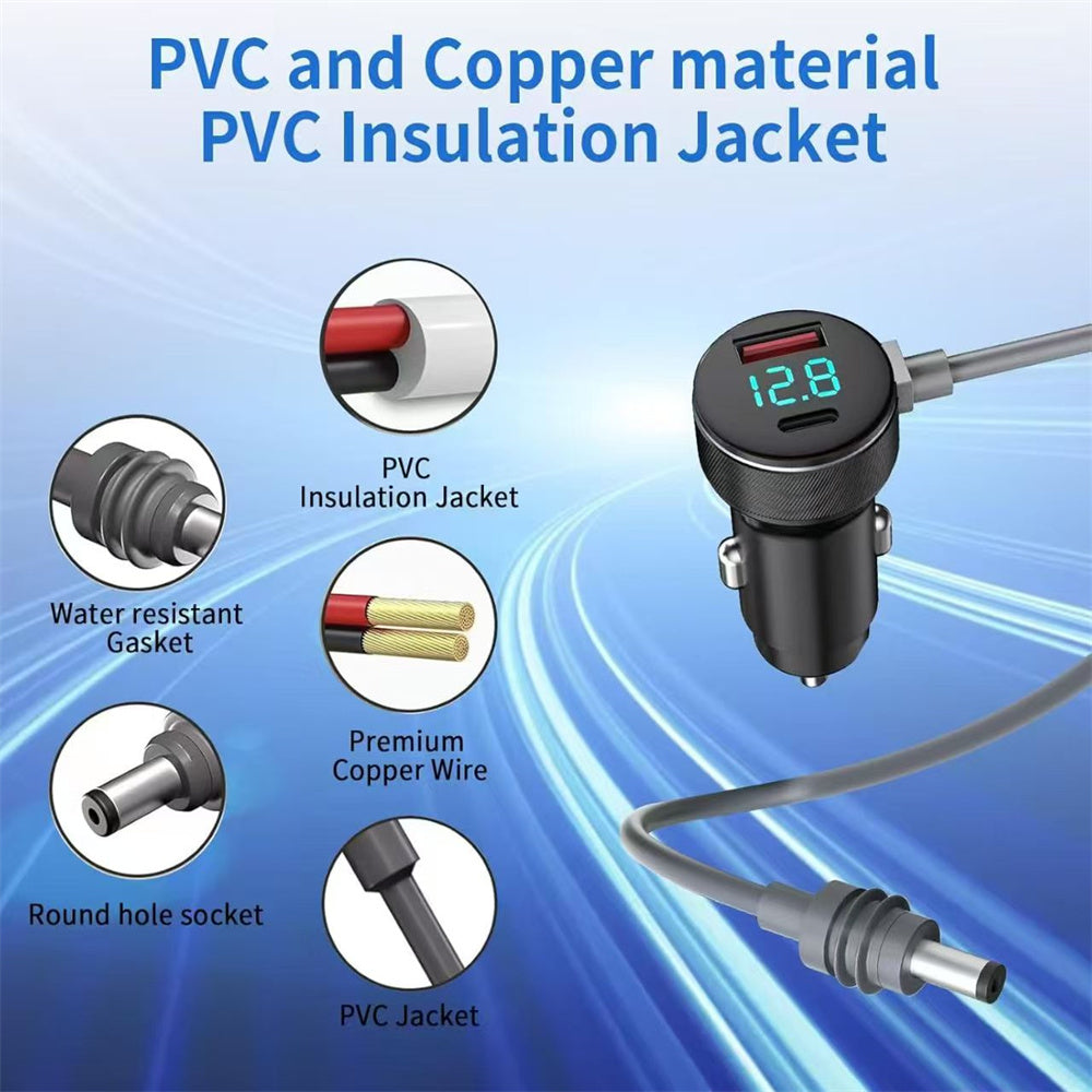 2M DC power cable for Starlink Mini, 12V-24V, waterproof with voltmeter, compatible with PD45W and QC3.0 dual charger outlets.