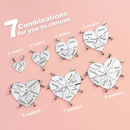 Steel-colored MaiLun custom heart pendant necklace with engraved names and puzzled heart design, 50cm chain length.