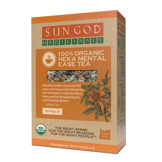 Organic herbal tea by BACKUPMYFILESNOW.COM® with Heka Mental Ease blend, featuring dried herbs in a clear tea bag.