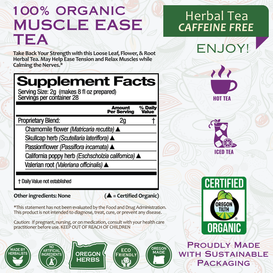 Organic Hercules Muscle Ease herbal tea by BACKUPMYFILESNOW.COM® with fresh herbs in a clear glass cup.