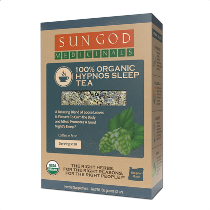Organic herbal tea by BACKUPMYFILESNOW.COM® with a focus on Hypnos Sleep, featuring a jar of herbal tea leaves on a wooden surface.