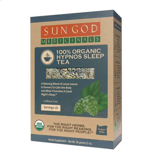 Organic herbal tea by BACKUPMYFILESNOW.COM® with a focus on Hypnos Sleep, featuring a jar of herbal tea leaves on a wooden surface.