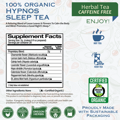 Organic Hypnos Sleep Herbal Tea by BACKUPMYFILESNOW.COM® in a clear 2 oz package with herbal tea leaves and packaging label.