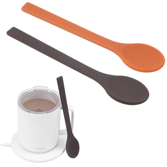 Two BACKUPMYFILESNOW.COM® silicone coffee stirring spoons, 6.85-inch reusable espresso spoons for coffee and tea stirring.