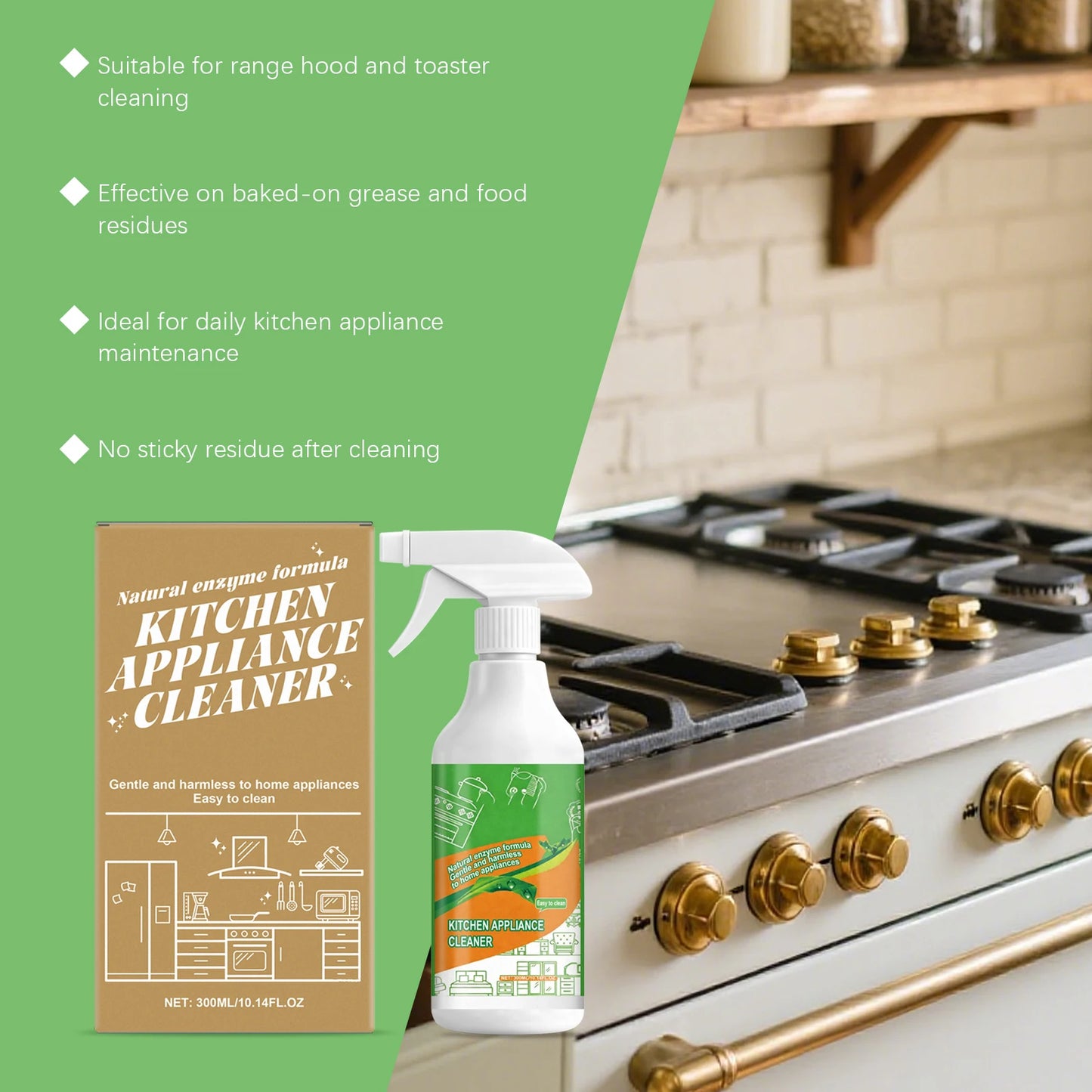 BackupMyFilesNow.com® 300ml kitchen degreaser spray for appliances, showing a spray bottle with a clean stove and rangehood in the background.