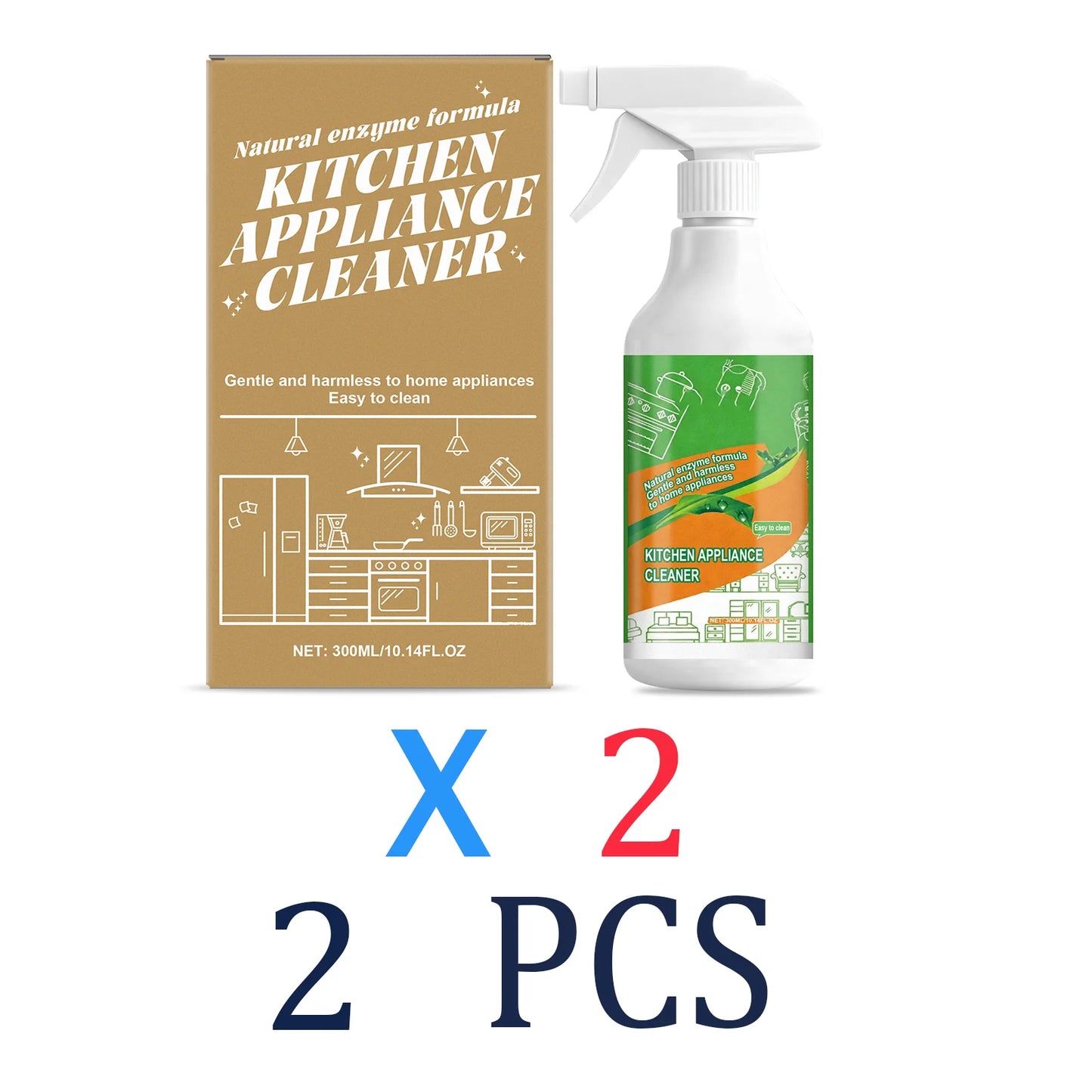Two 300ml bottles of BACKUPMYFILESNOW.COM® kitchen degreaser spray for removing grease from appliances like rangehoods, ovens, and stoves.