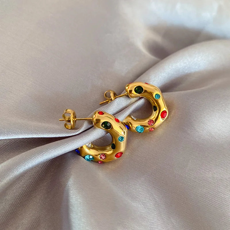 Colorful zircon C-shape stud earrings for women, gold-tone stainless steel with crystal accents, charming jewelry gift.