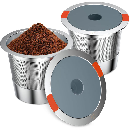 Two stainless steel reusable K Cups coffee filters for Keurig 1.0 and 2.0 coffee makers, non-BPA, in a 2-pack.