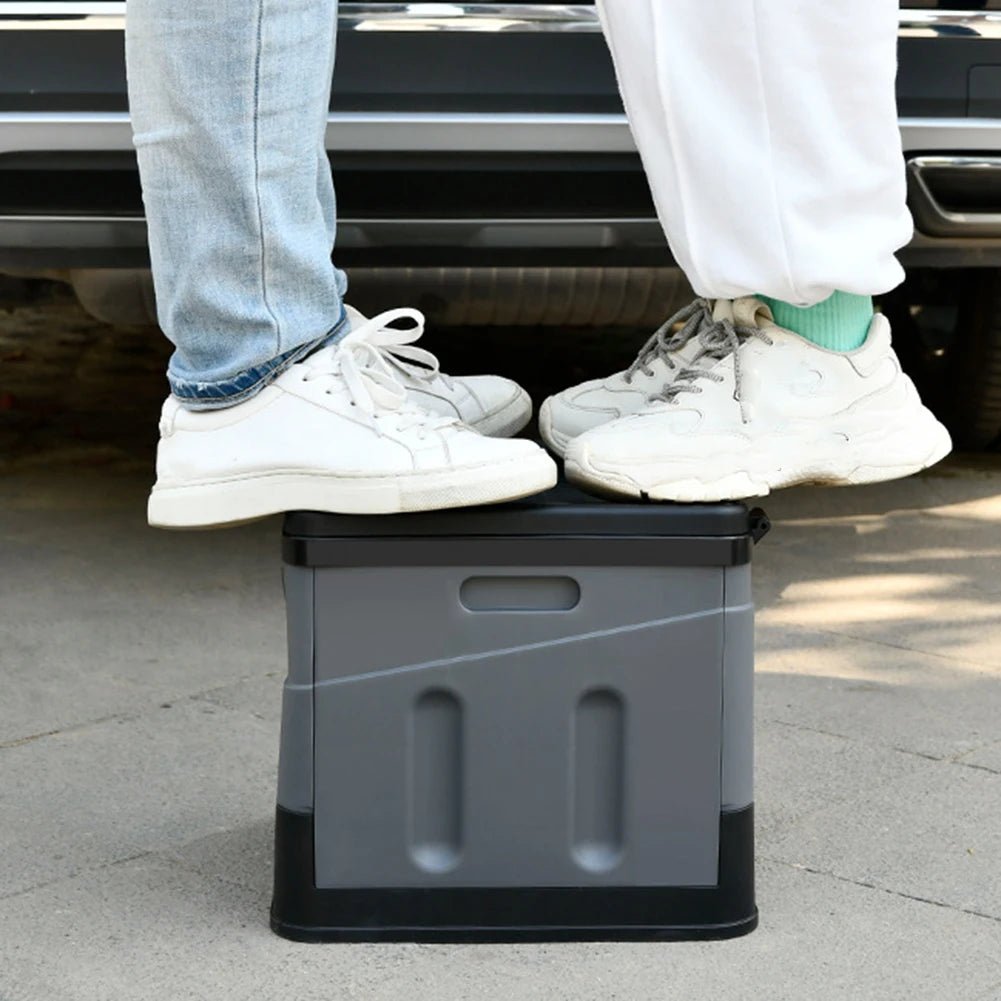 Portable car toilet and trash can by BACKUPMYFILESNOW.COM®, foldable design suitable for outdoor camping, travel, and emergencies.