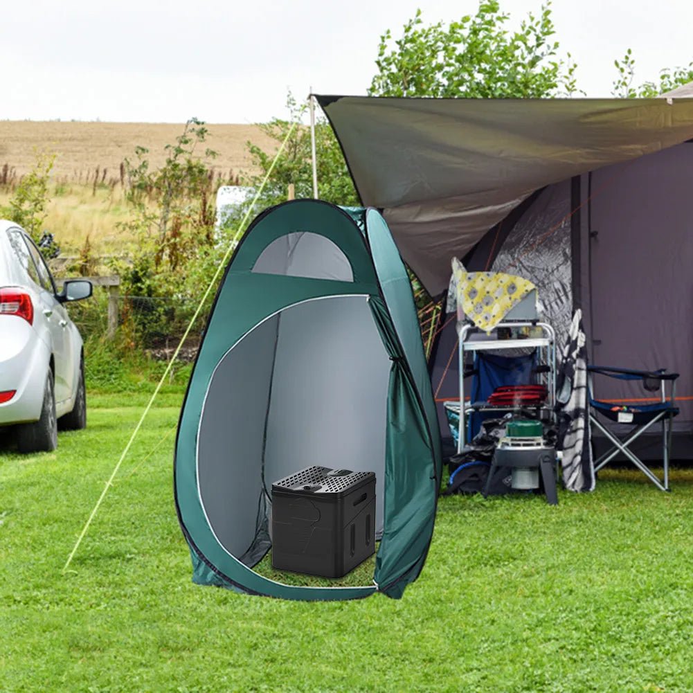 Portable car toilet and trash can by BACKUPMYFILESNOW.COM®, compact folding design for outdoor camping, travel, and emergency use.