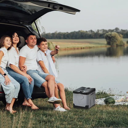 Portable car toilet bucket with 1-8 roll capacity, folding design, ideal for outdoor camping, travel, and emergency use for adults.