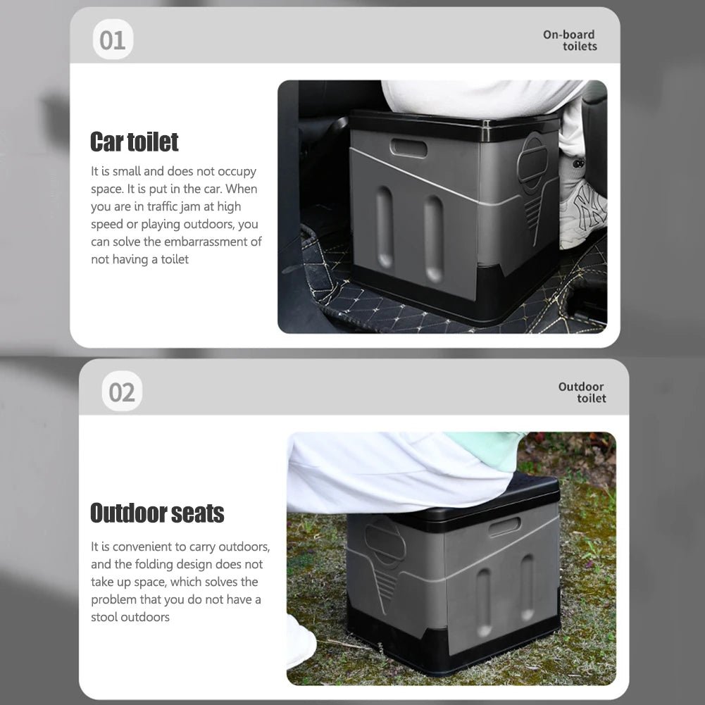 Portable car toilet and trash can by BACKUPMYFILESNOW.COM®, folding design, ideal for outdoor camping, travel, and emergency use.