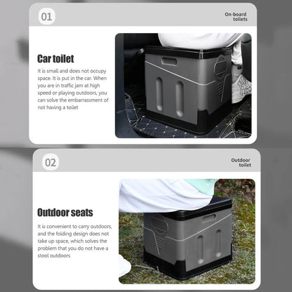 Portable car toilet and trash can by BACKUPMYFILESNOW.COM®, folding design, ideal for outdoor camping, travel, and emergency use.