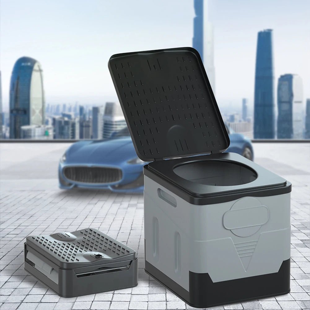 Portable car toilet bucket with 1-8 roll capacity, foldable design, ideal for outdoor camping, travel, and emergency use by adults.