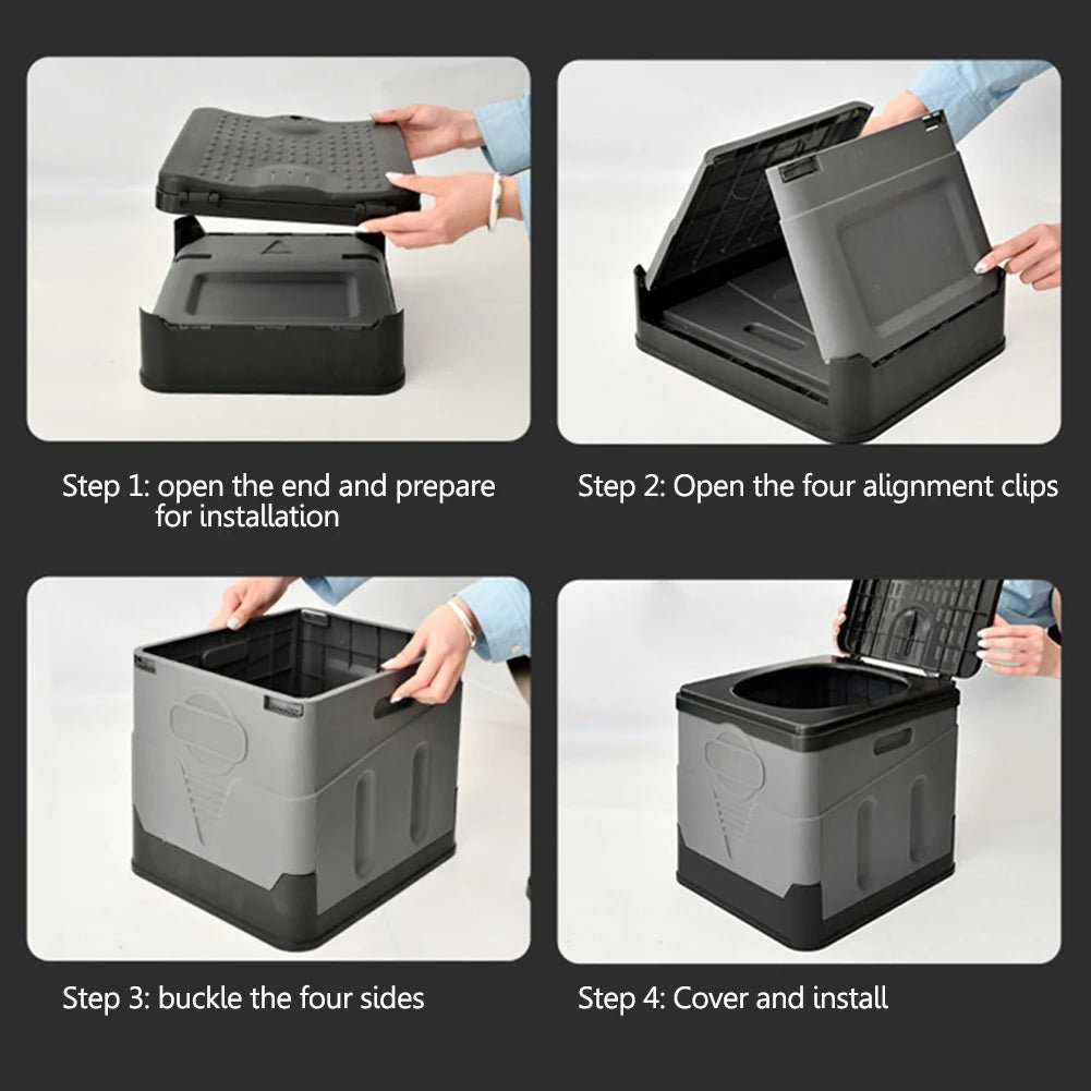 Portable car toilet and trash can for travel, outdoor camping, and emergencies, with folding design for easy use and transport.